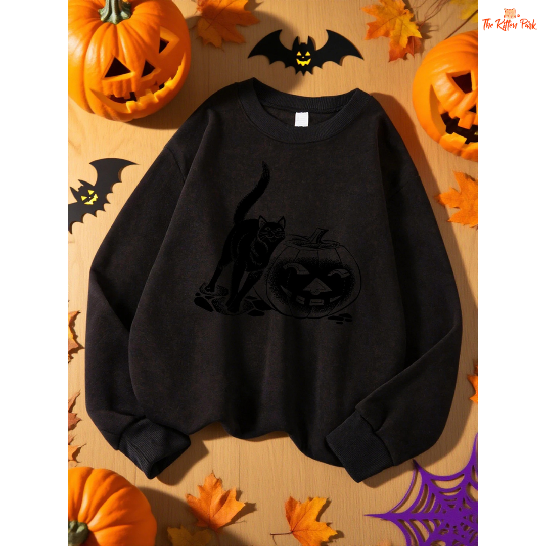 Black Cat & Pumpkin Lantern Sweatshirt – Halloween Oversize Top in fleece polyester, loose fit with cartoon pumpkin and cat design, cozy for autumn/winter.