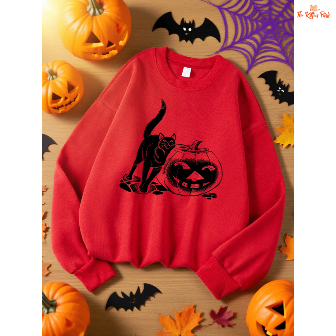 Black Cat & Pumpkin Lantern Sweatshirt – Halloween Oversize Top in fleece polyester, loose fit with cartoon pumpkin and cat design, cozy for autumn/winter.