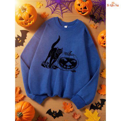 Black Cat & Pumpkin Lantern Sweatshirt – Halloween Oversize Top in fleece polyester, loose fit with cartoon pumpkin and cat design, cozy for autumn/winter.