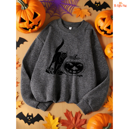 Black Cat & Pumpkin Lantern Sweatshirt – Halloween Oversize Top in fleece polyester, loose fit with cartoon pumpkin and cat design, cozy for autumn/winter.