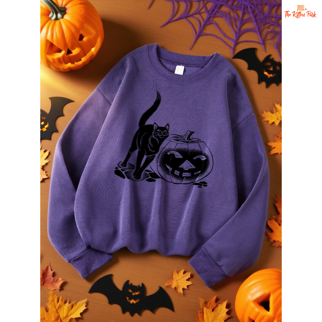 Black Cat & Pumpkin Lantern Sweatshirt – Halloween Oversize Top in fleece polyester, loose fit with cartoon pumpkin and cat design, cozy for autumn/winter.