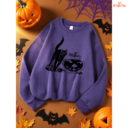 Black Cat & Pumpkin Lantern Sweatshirt – Halloween Oversize Top in fleece polyester, loose fit with cartoon pumpkin and cat design, cozy for autumn/winter.