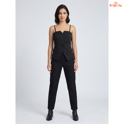 Black sweetheart tank top with spaghetti straps, slim fit, button detail, and minimal classic summer style.