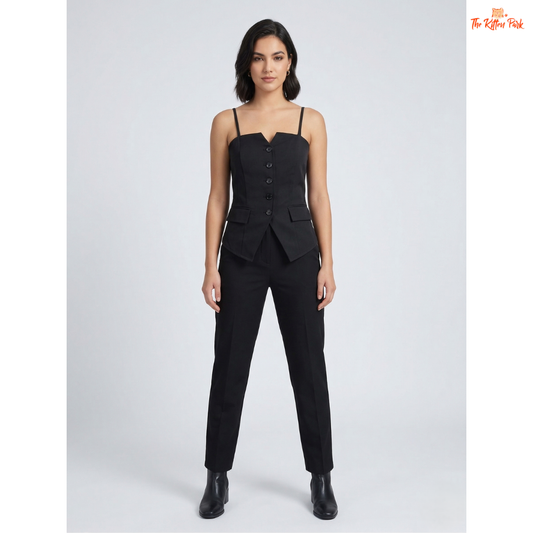 Black sweetheart tank top with spaghetti straps, slim fit, button detail, and minimal classic summer style.