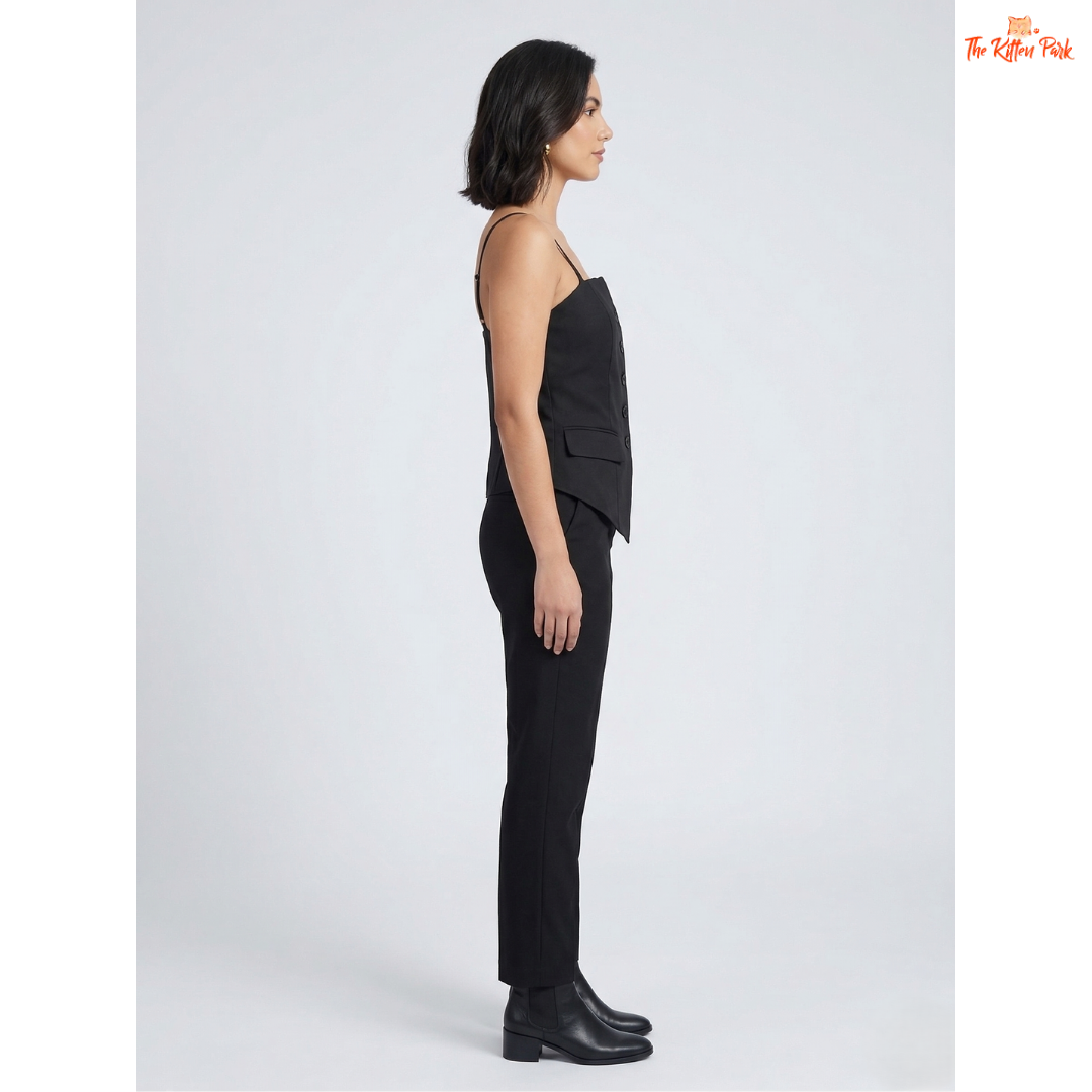 Black sweetheart tank top with spaghetti straps, slim fit, button detail, and minimal classic summer style.