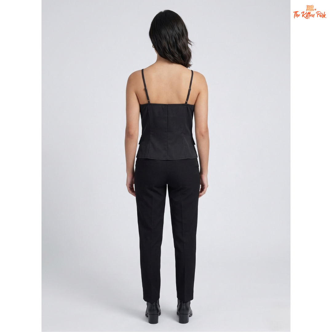 Black sweetheart tank top with spaghetti straps, slim fit, button detail, and minimal classic summer style.