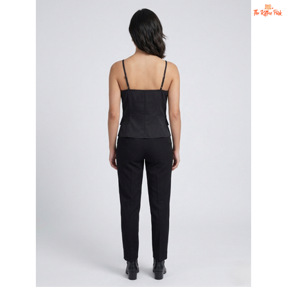 Black sweetheart tank top with spaghetti straps, slim fit, button detail, and minimal classic summer style.