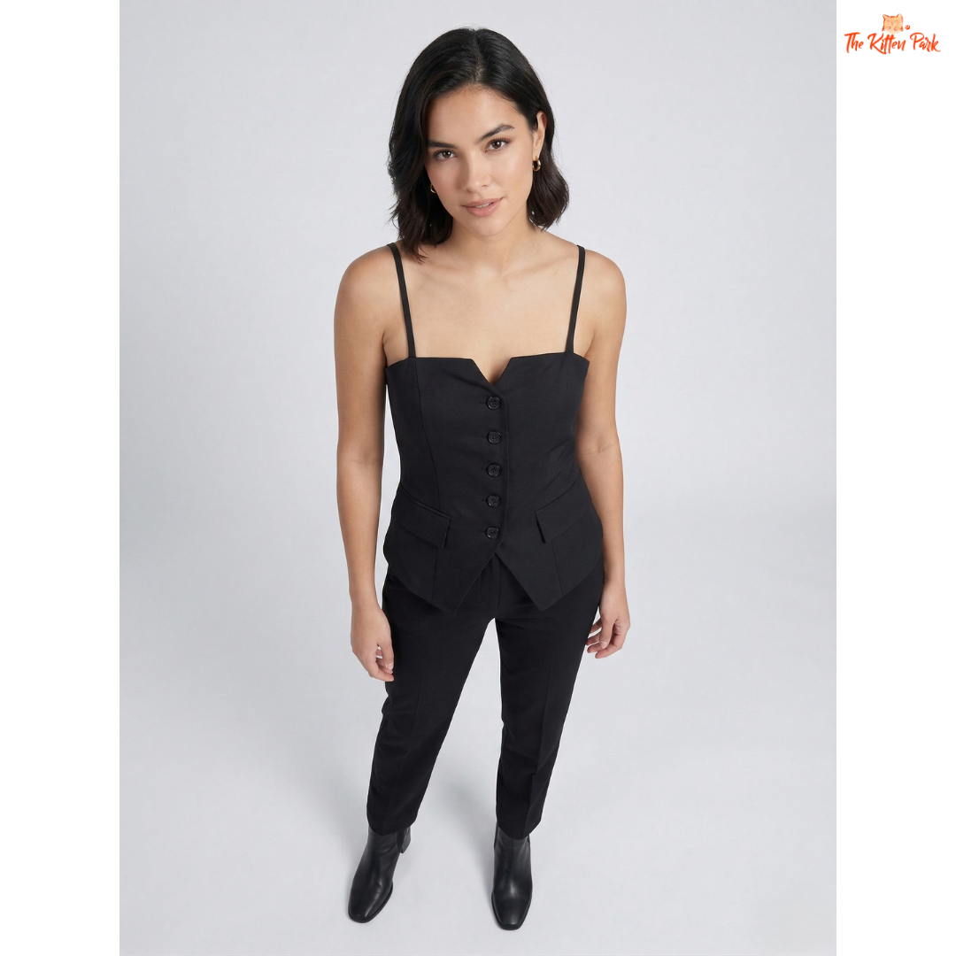 Black sweetheart tank top with spaghetti straps, slim fit, button detail, and minimal classic summer style.