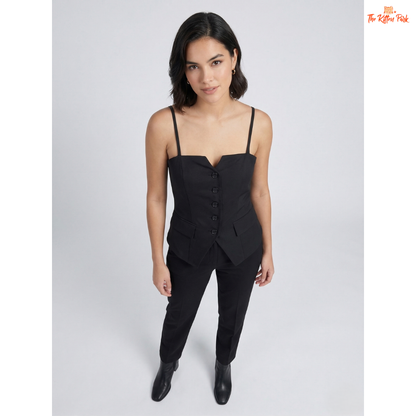 Black sweetheart tank top with spaghetti straps, slim fit, button detail, and minimal classic summer style.