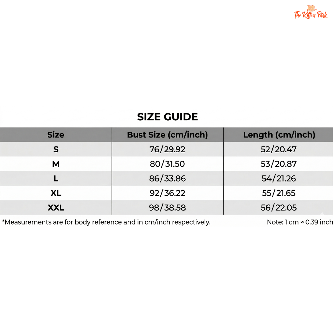Size guide chart for clothing with bust and length measurements in centimeters and inches.