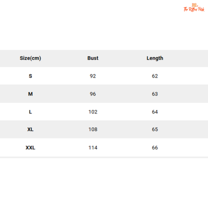 Size chart for clothing with bust and length measurements in centimeters.