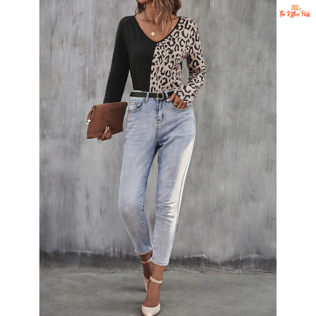 Black & Leopard Color Block V-Neck Long Sleeve T-Shirt for Women in polyester and spandex, featuring bold leopard print with black panels for casual autumn wear.