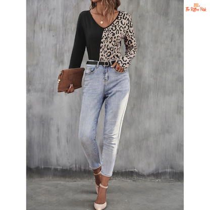 Black & Leopard Color Block V-Neck Long Sleeve T-Shirt for Women in polyester and spandex, featuring bold leopard print with black panels for casual autumn wear.