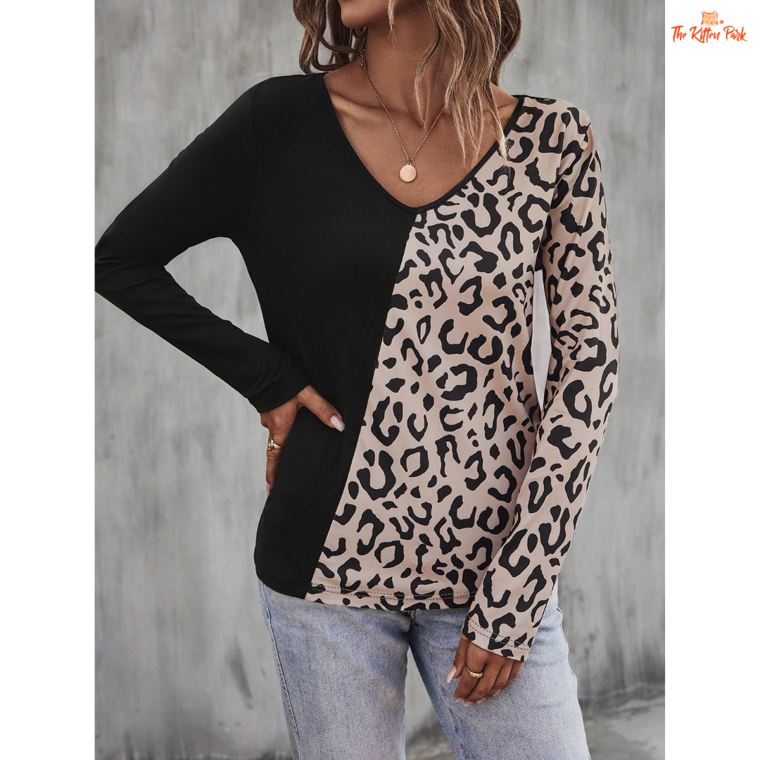 Black & Leopard Color Block V-Neck Long Sleeve T-Shirt for Women in polyester and spandex, featuring bold leopard print with black panels for casual autumn wear.