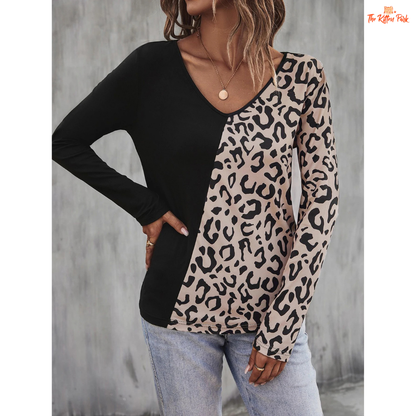 Black & Leopard Color Block V-Neck Long Sleeve T-Shirt for Women in polyester and spandex, featuring bold leopard print with black panels for casual autumn wear.