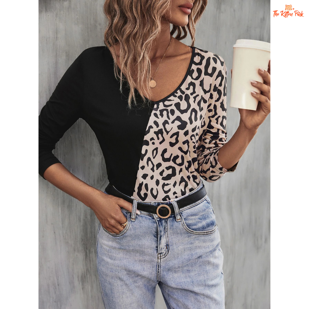 Black & Leopard Color Block V-Neck Long Sleeve T-Shirt for Women in polyester and spandex, featuring bold leopard print with black panels for casual autumn wear.