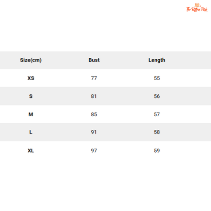 Size chart for clothing with bust and length measurements in centimeters.