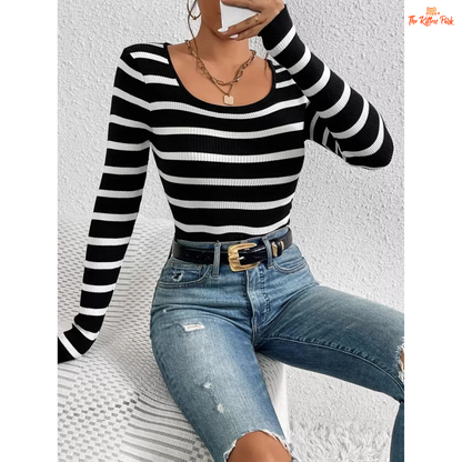 Black & White Striped Long Sleeve Knit Shirt for Women with O-neck and regular fit, perfect for spring and autumn office-casual style.