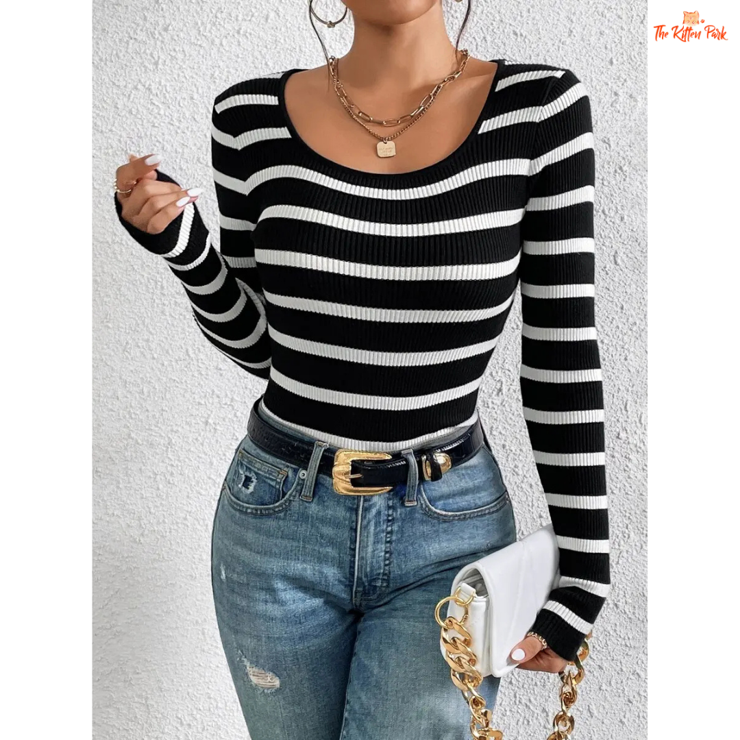 Black & White Striped Long Sleeve Knit Shirt for Women with O-neck and regular fit, perfect for spring and autumn office-casual style.
