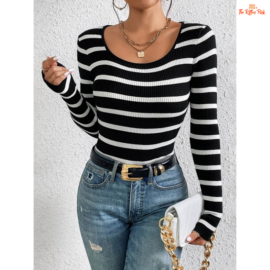 Black & White Striped Long Sleeve Knit Shirt for Women with O-neck and regular fit, perfect for spring and autumn office-casual style.