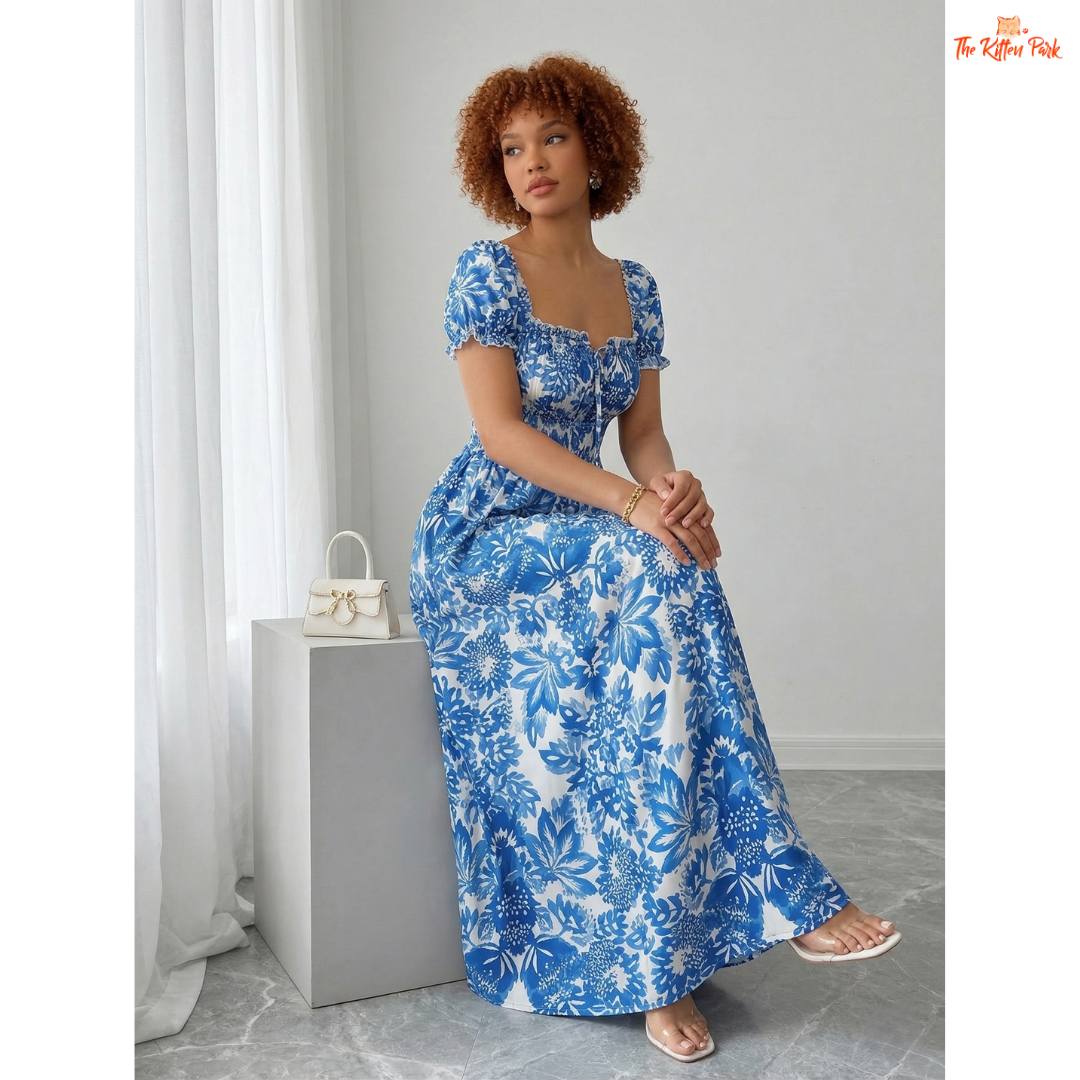 Blue floral maxi dress with puff sleeves, square neckline, tie front bow, and flowy A-line silhouette for summer.