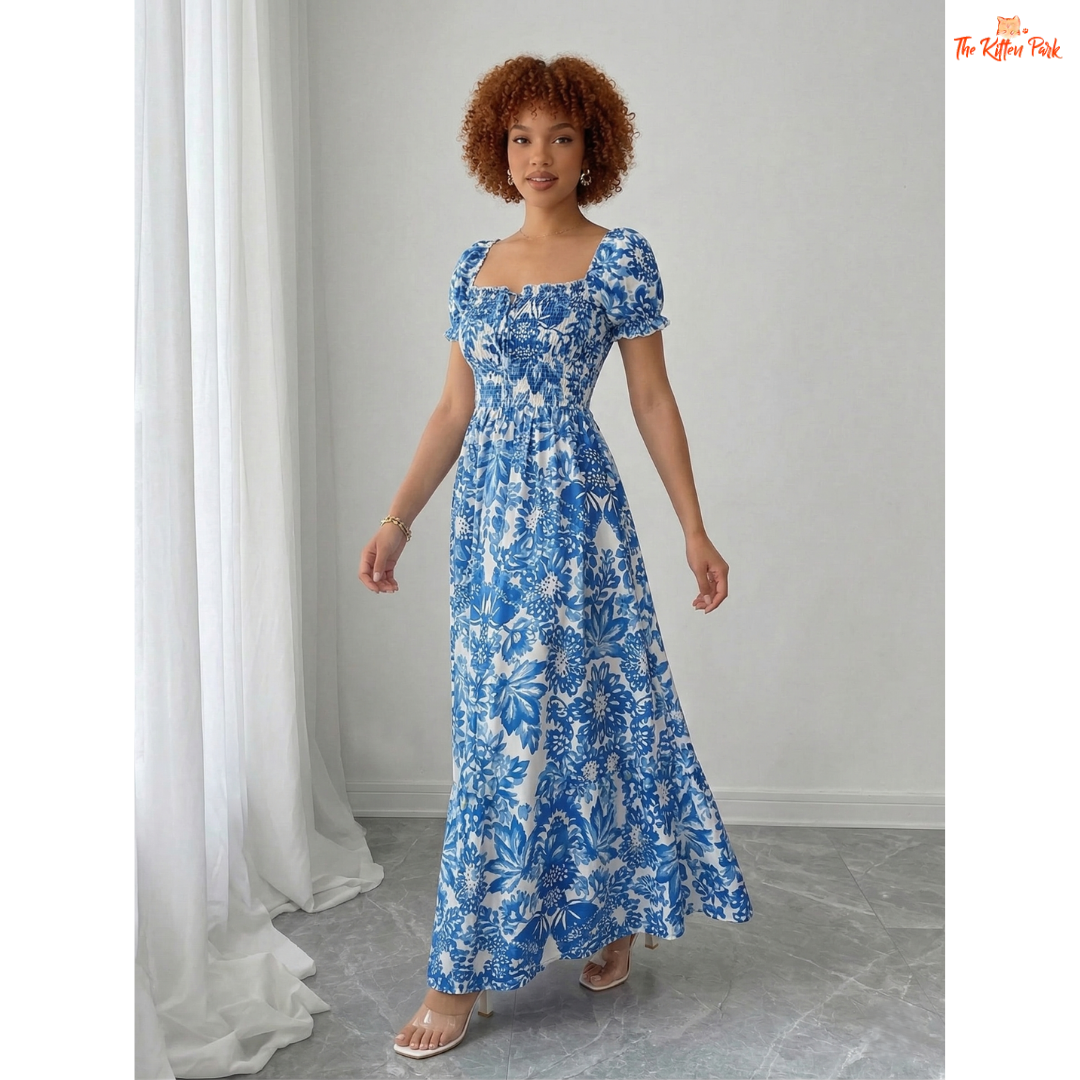 Blue floral maxi dress with puff sleeves, square neckline, tie front bow, and flowy A-line silhouette for summer.
