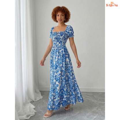 Blue floral maxi dress with puff sleeves, square neckline, tie front bow, and flowy A-line silhouette for summer.