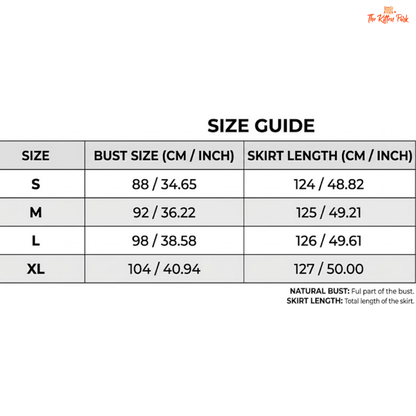 Size guide for skirts with bust size and skirt length measurements.