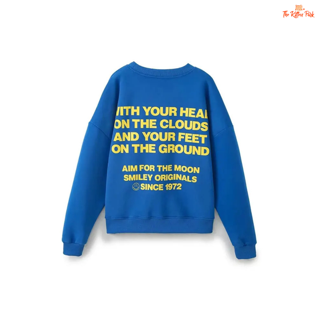 Blue sweatshirt with yellow text on a white background