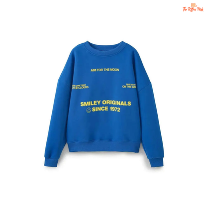 Blue sweatshirt with yellow text on a white background