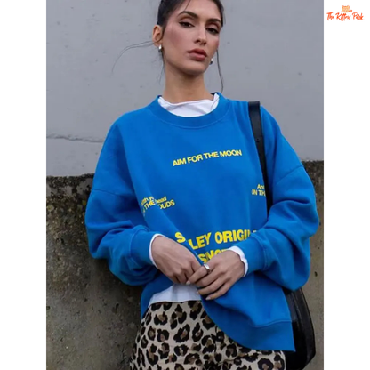 Blue Letter Print Pullover for women, streetwear-inspired loose-fit O-neck sweater, polyester knit, fine yarn, lightweight for Spring/Summer wear.