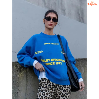 Blue Letter Print Pullover for women, streetwear-inspired loose-fit O-neck sweater, polyester knit, fine yarn, lightweight for Spring/Summer wear.