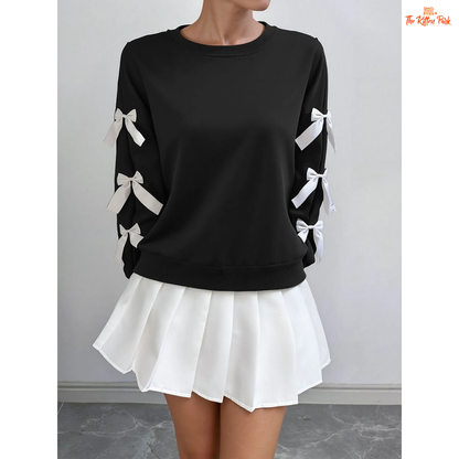 Bow Decor Sweatshirt featuring 3D bow details, loose fit, and thick polyester blend fabric — a cozy and feminine pullover for autumn and winter.