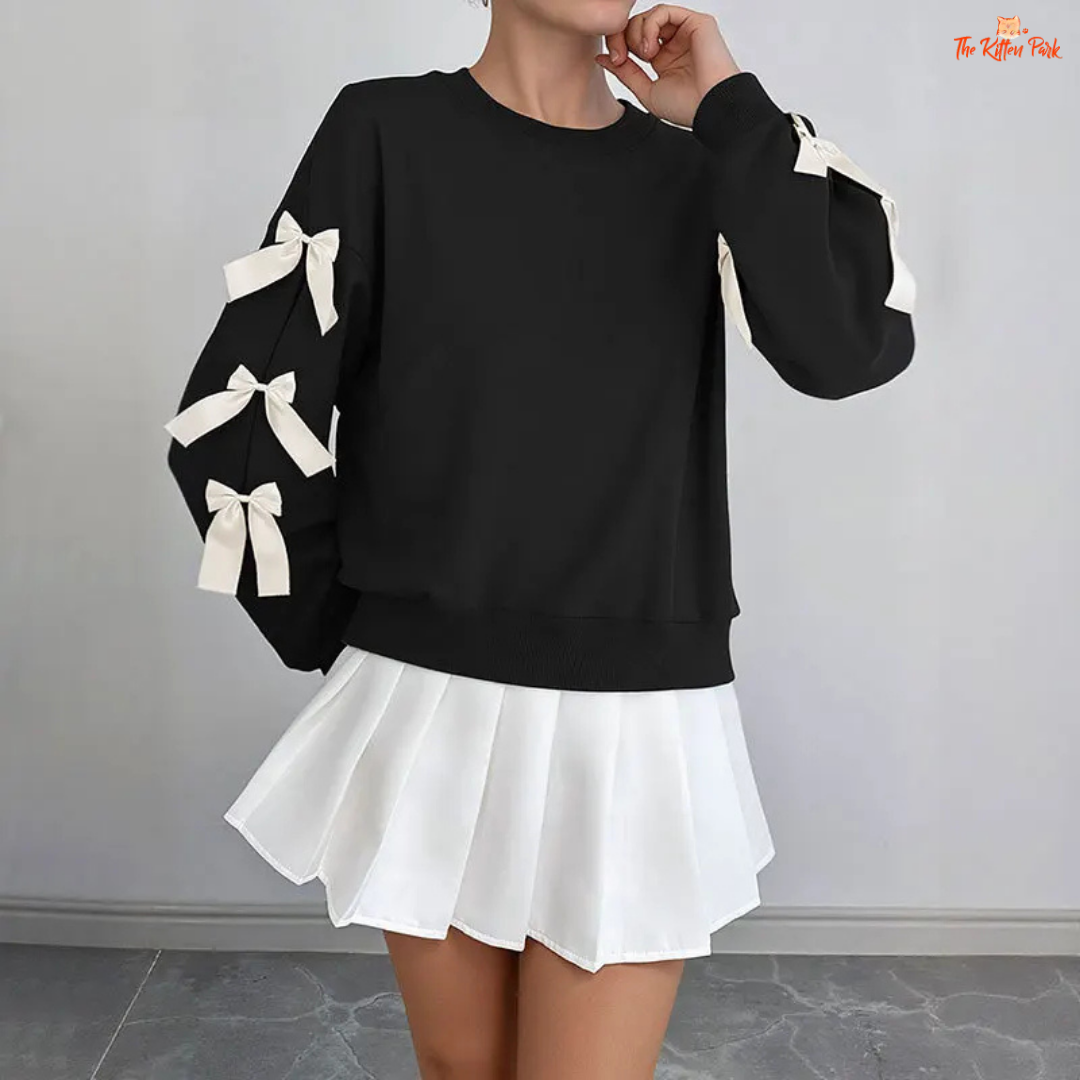 Bow Decor Sweatshirt featuring 3D bow details, loose fit, and thick polyester blend fabric — a cozy and feminine pullover for autumn and winter.