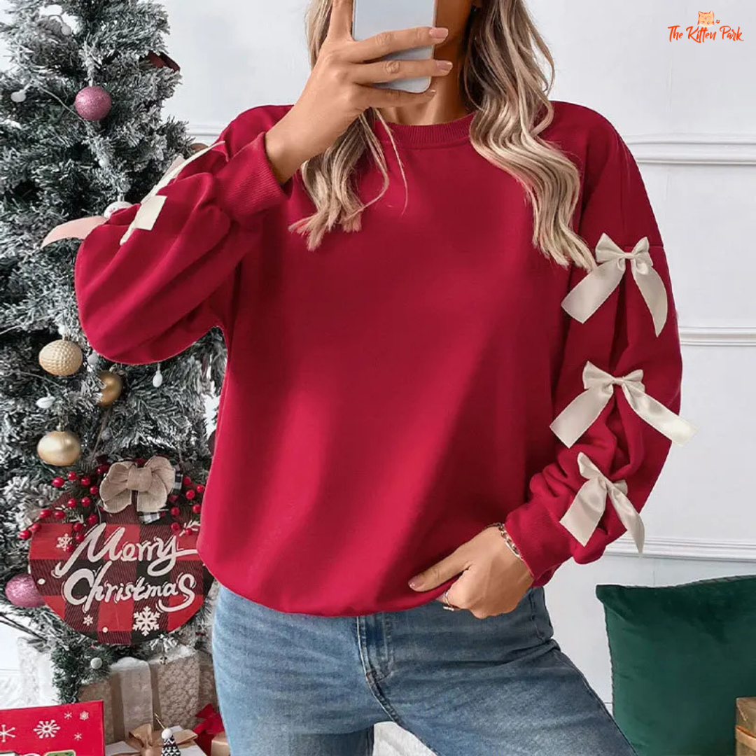 Bow Decor Sweatshirt featuring 3D bow details, loose fit, and thick polyester blend fabric — a cozy and feminine pullover for autumn and winter.