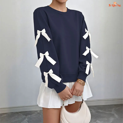 Bow Decor Sweatshirt featuring 3D bow details, loose fit, and thick polyester blend fabric — a cozy and feminine pullover for autumn and winter.