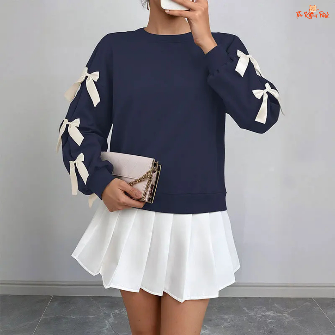 Bow Decor Sweatshirt featuring 3D bow details, loose fit, and thick polyester blend fabric — a cozy and feminine pullover for autumn and winter.