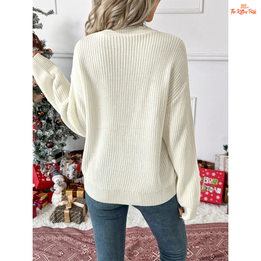 Bow Print Christmas Sweater featuring a festive bow and butterfly pattern, round neck, and soft acrylic knit for a cozy holiday look.