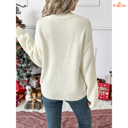 Bow Print Christmas Sweater featuring a festive bow and butterfly pattern, round neck, and soft acrylic knit for a cozy holiday look.