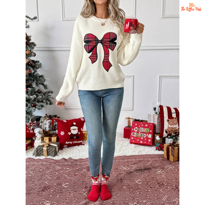 Bow Print Christmas Sweater featuring a festive bow and butterfly pattern, round neck, and soft acrylic knit for a cozy holiday look.