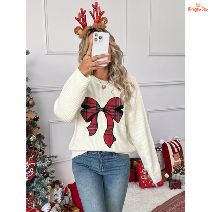 Bow Print Christmas Sweater featuring a festive bow and butterfly pattern, round neck, and soft acrylic knit for a cozy holiday look.