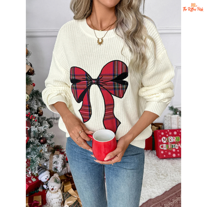 Bow Print Christmas Sweater featuring a festive bow and butterfly pattern, round neck, and soft acrylic knit for a cozy holiday look.