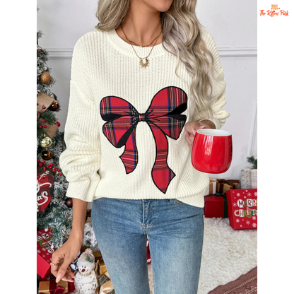 Bow Print Christmas Sweater featuring a festive bow and butterfly pattern, round neck, and soft acrylic knit for a cozy holiday look.