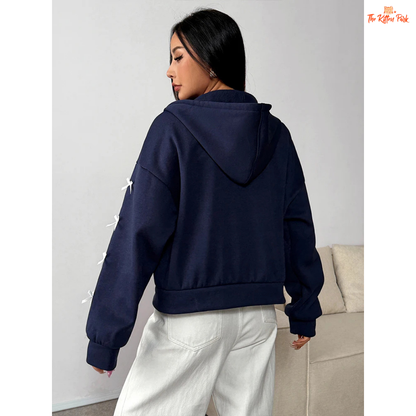 A light navy blue bow zipper hoodie with pockets for women, featuring a faux fur liner, loose fit, and cozy autumn streetwear design.