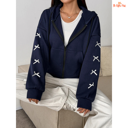 A light navy blue bow zipper hoodie with pockets for women, featuring a faux fur liner, loose fit, and cozy autumn streetwear design.