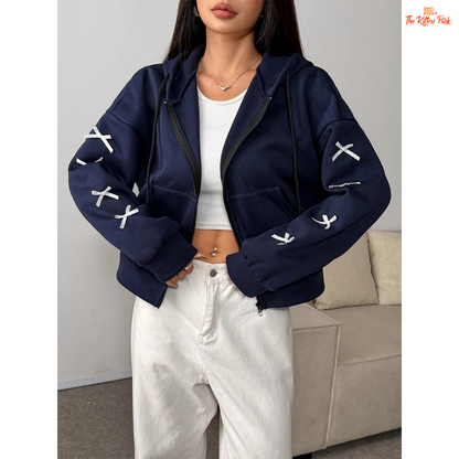 A light navy blue bow zipper hoodie with pockets for women, featuring a faux fur liner, loose fit, and cozy autumn streetwear design.