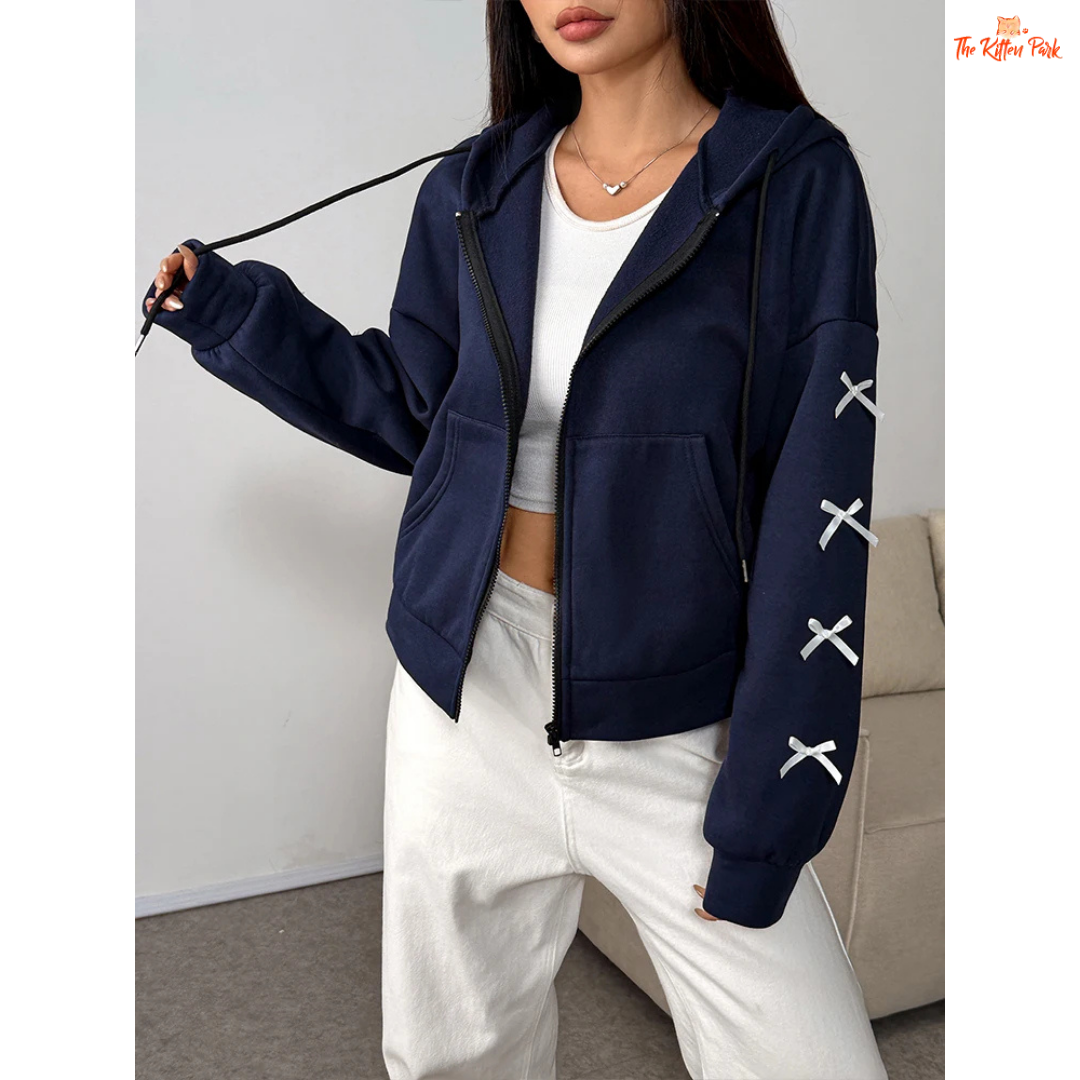 A light navy blue bow zipper hoodie with pockets for women, featuring a faux fur liner, loose fit, and cozy autumn streetwear design.