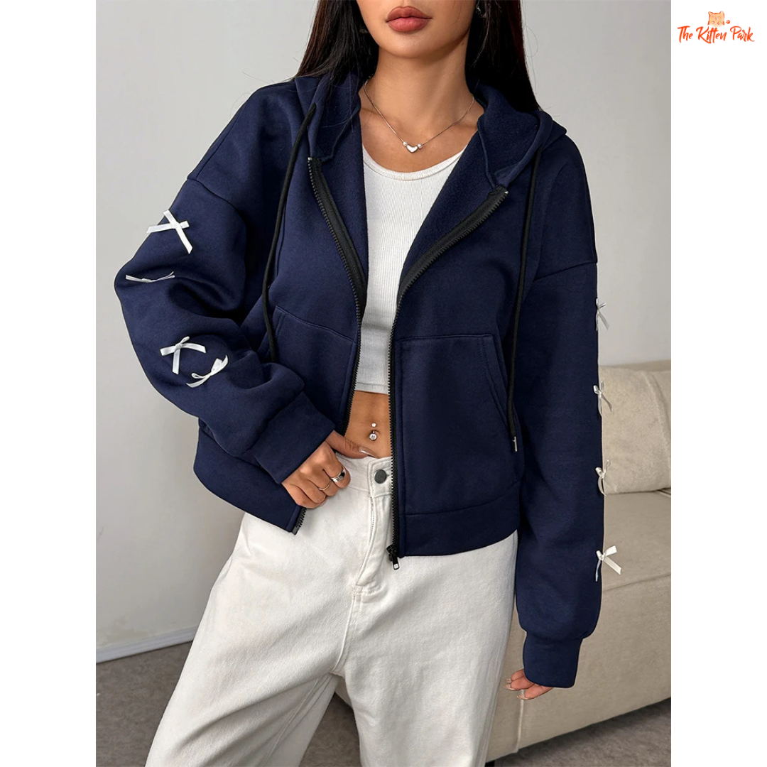 A light navy blue bow zipper hoodie with pockets for women, featuring a faux fur liner, loose fit, and cozy autumn streetwear design.