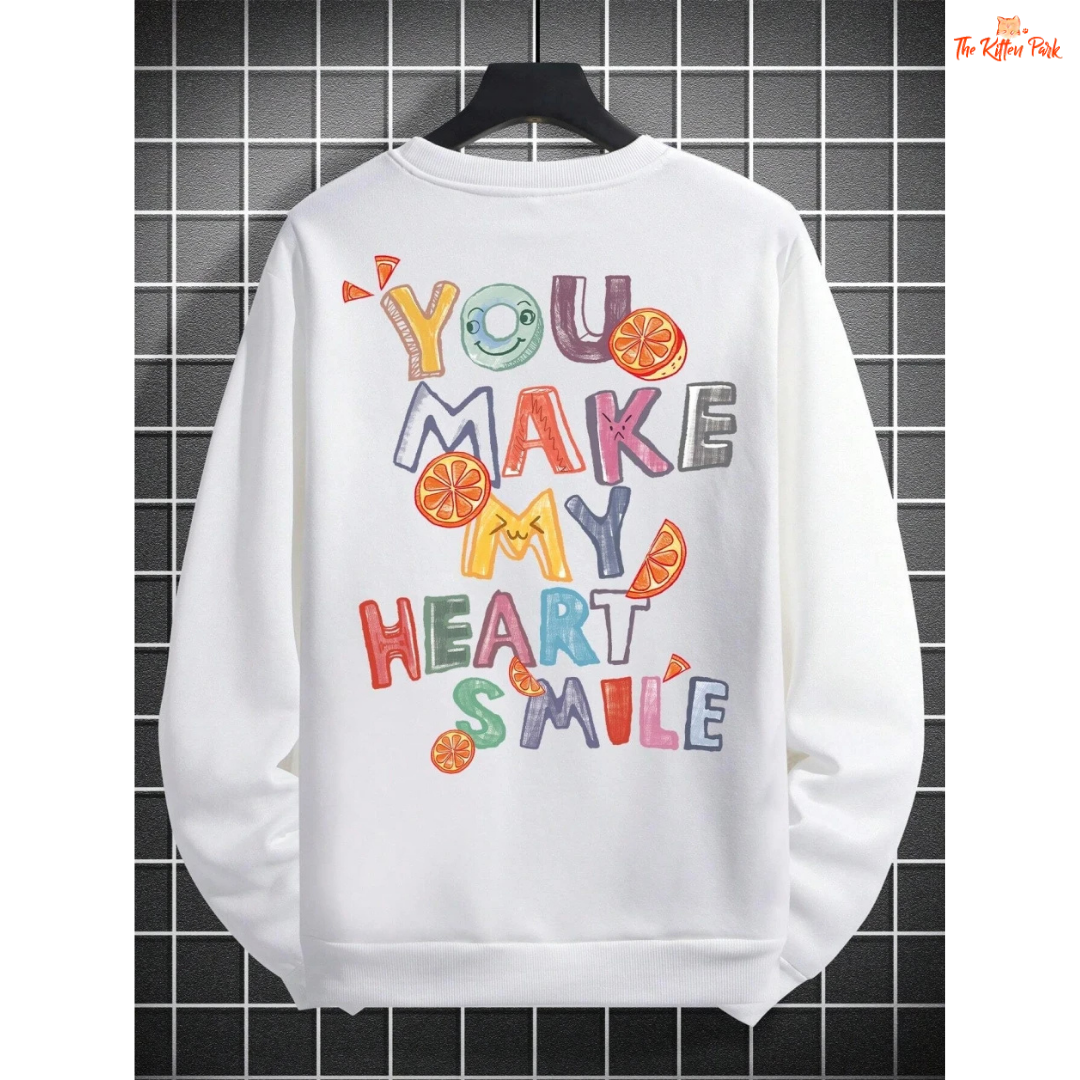 A women’s cozy fleece pullover sweatshirt in off-white with the printed phrase "You Make My Heart Smile," featuring a loose fit and O-neck design.