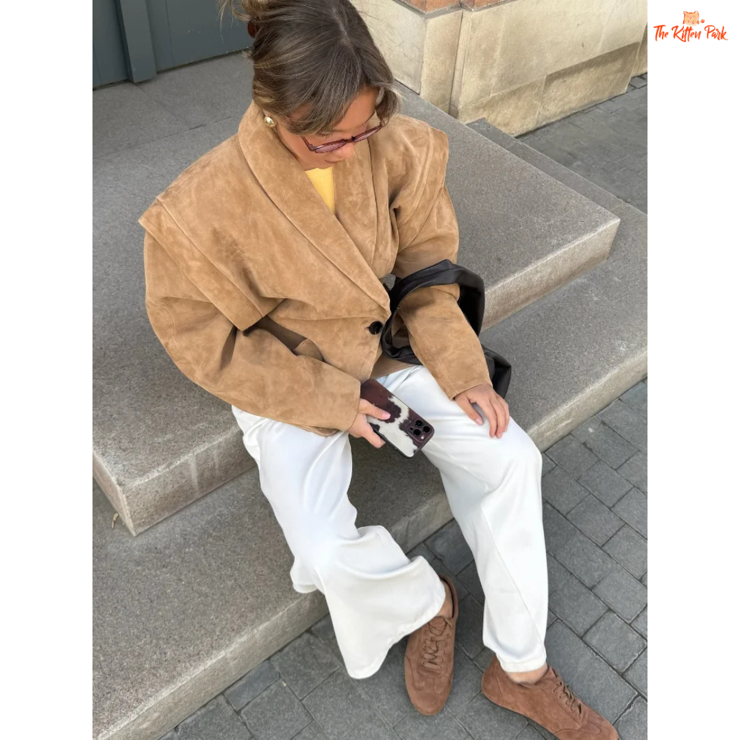 Light brown suede one-button jacket for women, featuring an elegant lapel, full sleeves, and a loose fit — perfect for autumn chic looks.